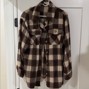 Plaid Button-Up Shacket with pockets in Brown and Cream